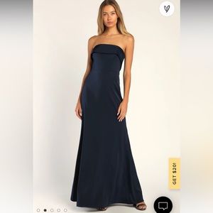 Exceptional Evening Navy Blue Satin Strapless A-Line Maxi Dress